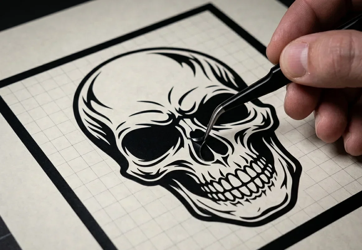 Mano con herramienta retirando el material sobrante de un diseño de calavera en vinilo de corte negro