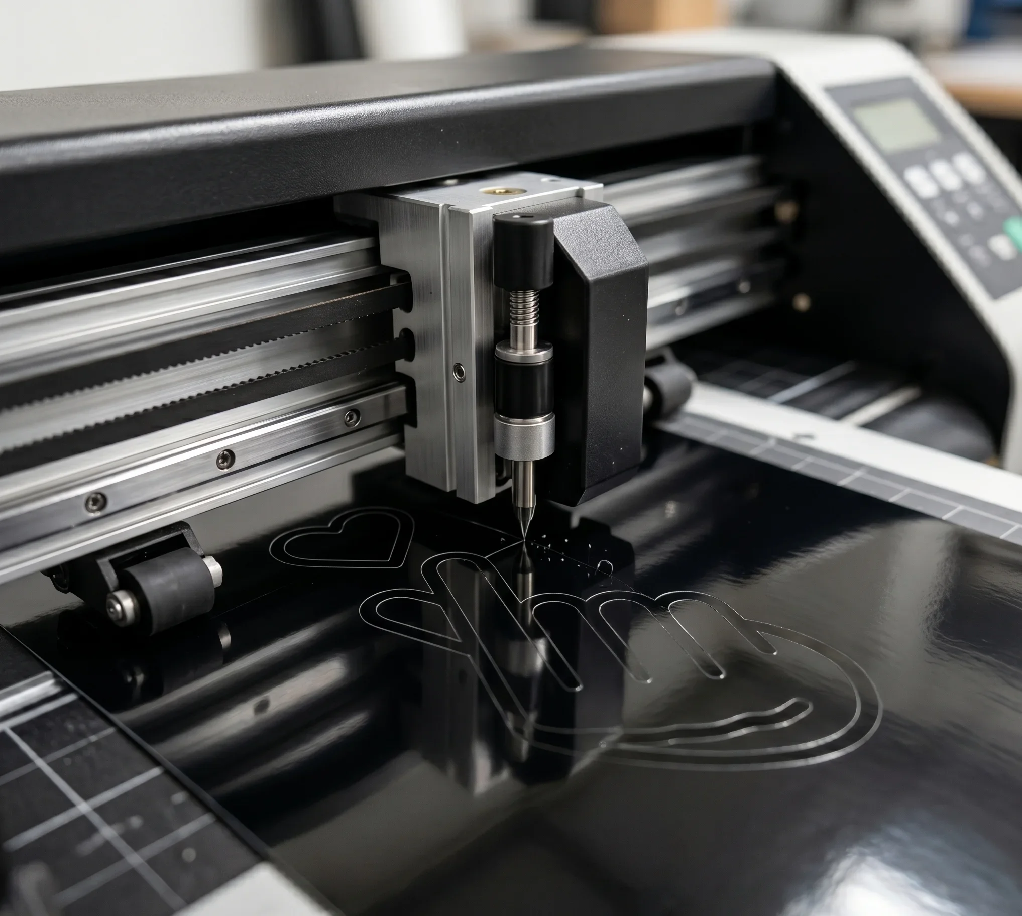 Primer plano de la cuchilla de un plotter de corte trazando sobre lámina de vinilo negro
