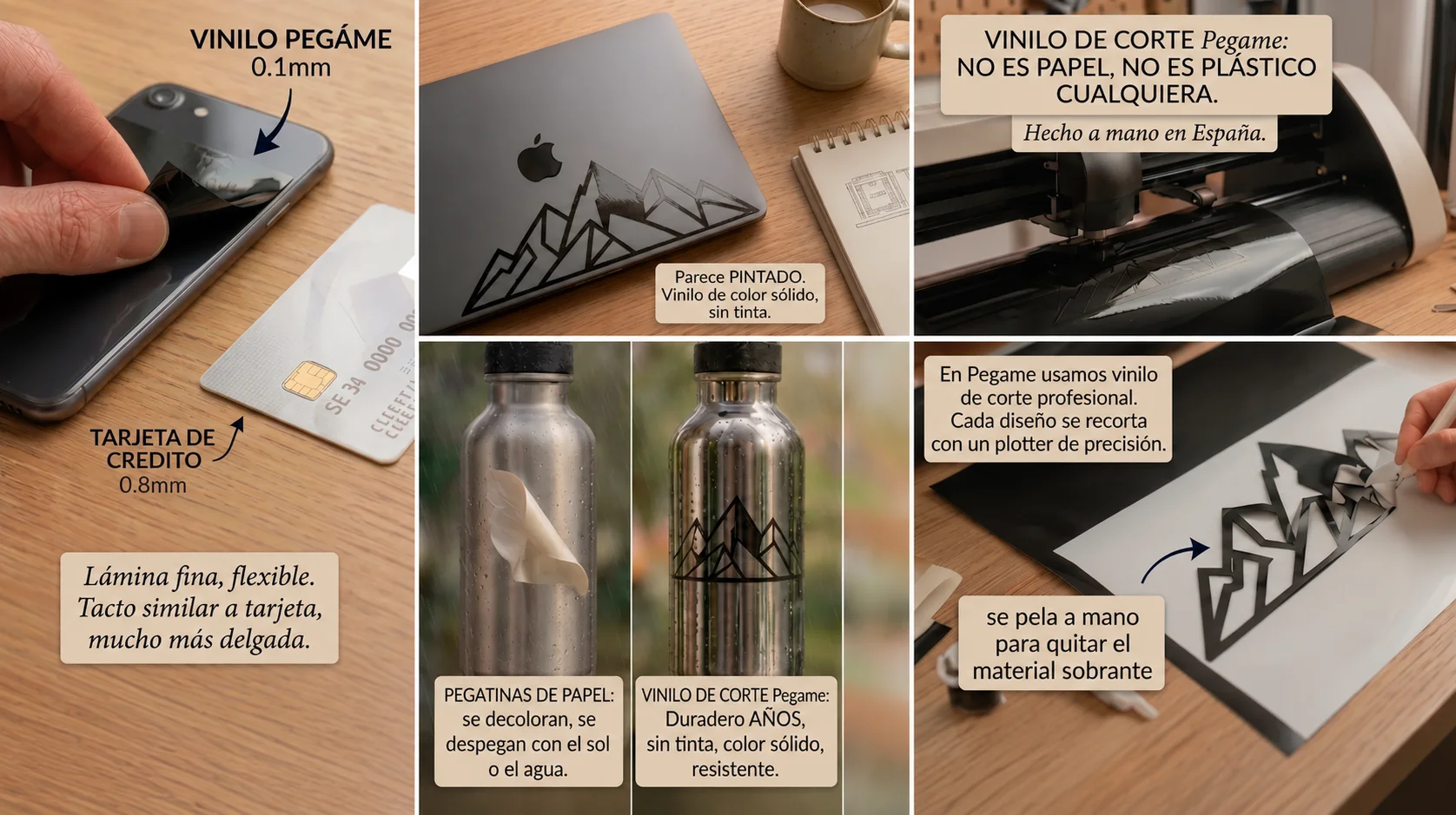 Collage explicativo del vinilo de corte Pegame: grosor, acabado sin tinta, plotter de precisión y descarte manual