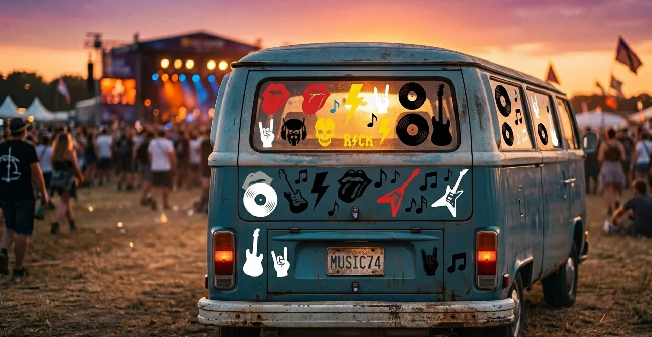 Furgoneta camper vista por detrás con las lunas cubiertas de pegatinas de música de vinilo, en un festival de verano al atardecer