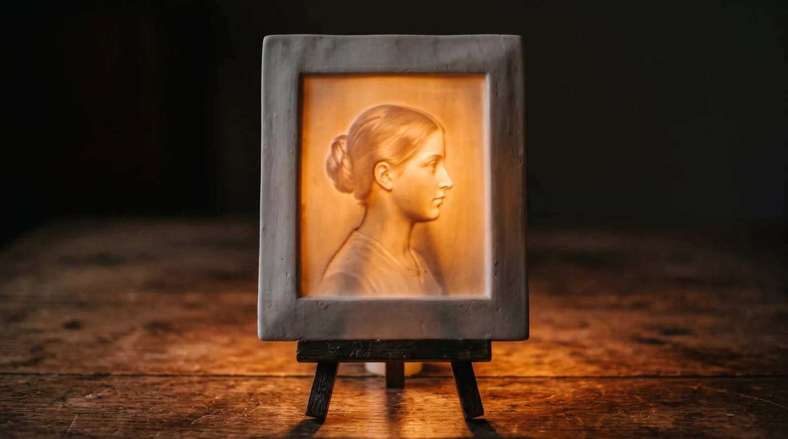 19th-century porcelain lithophane on a small wooden easel, lit from behind: against the light, a young woman's profile portrait appears in warm tones