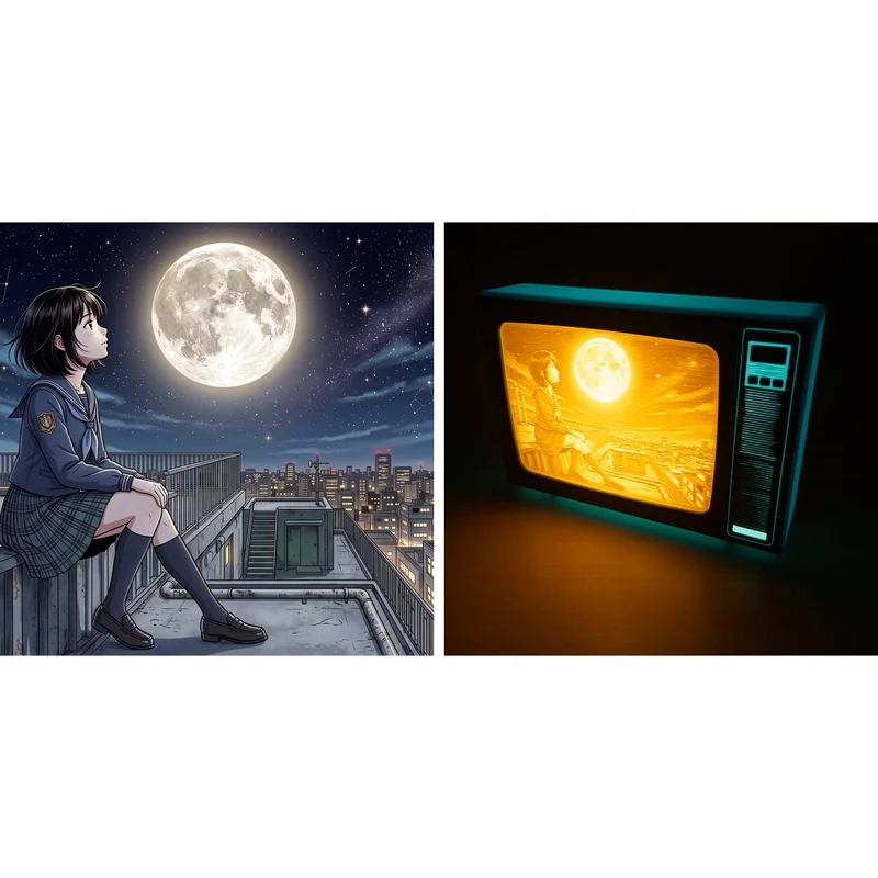 On the left, an illustration of a girl sitting on a rooftop looking at the full moon over the city; on the right, the same image as a lithophane inside a lit turquoise retro TV, in amber tones, with the moon as the brightest area
