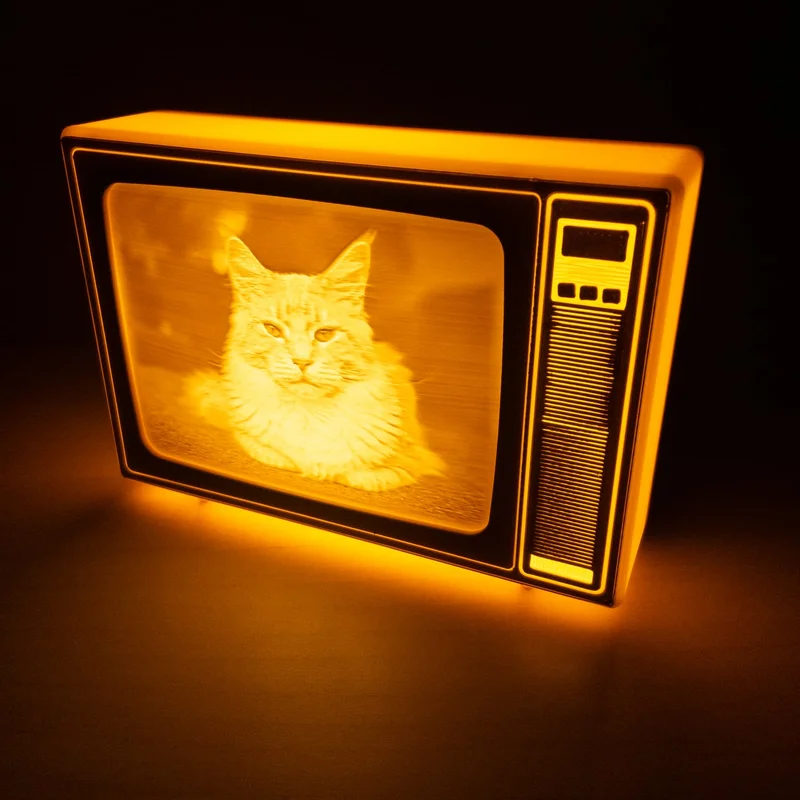 TV retro encendida en la oscuridad con la litofanía de un gato de pelo largo mirando a cámara; el pelaje se ve como una textura fina en tonos ámbar